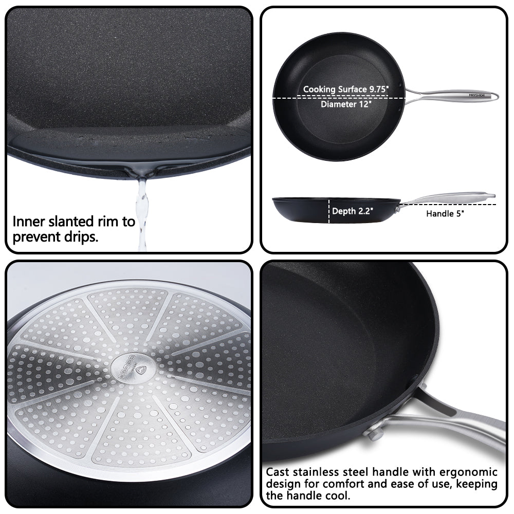 MEISHIDE 12" Frying Pan - Nonstick, Stainless Steel, Compatible with All Stovetops & Induction