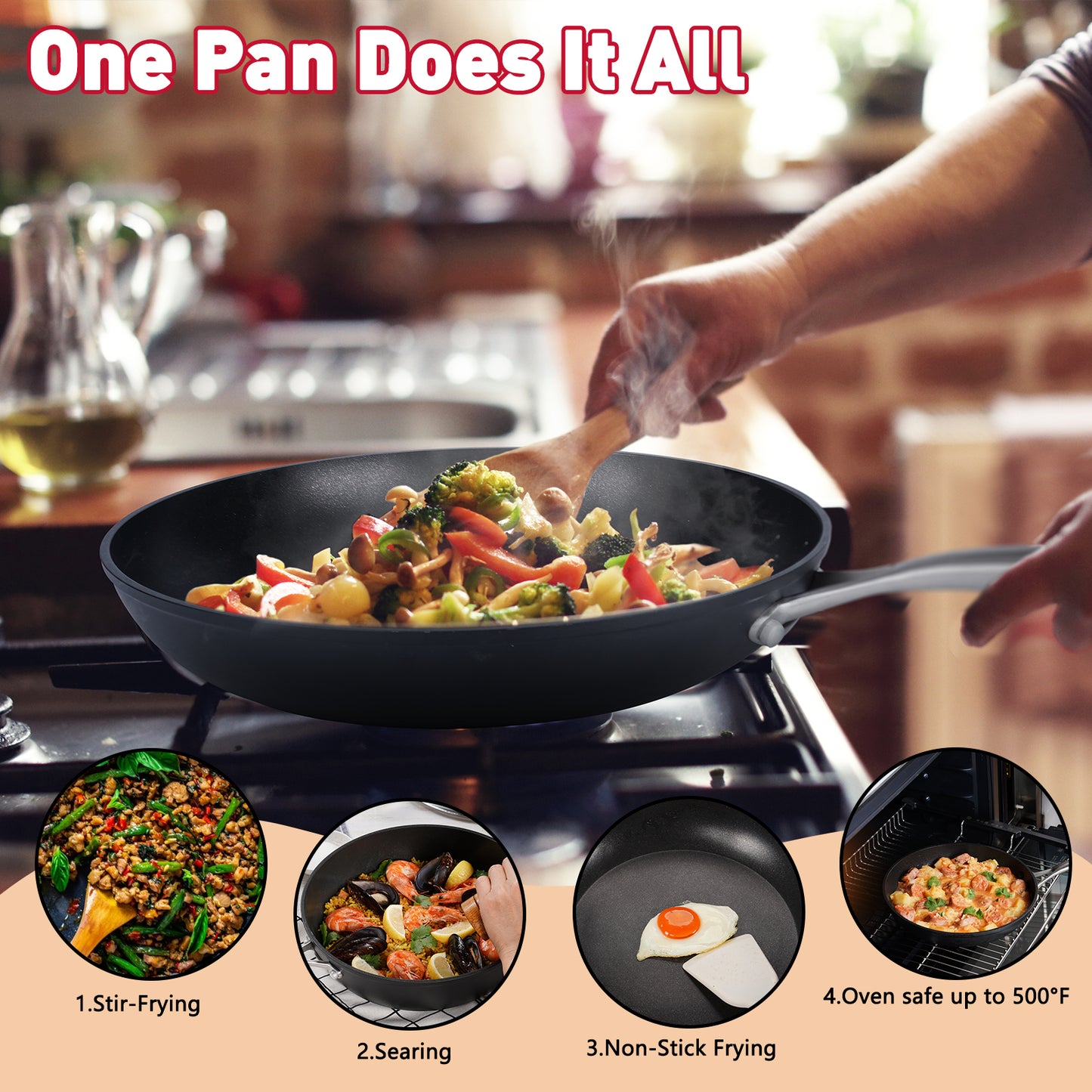 MEISHIDE 12" Frying Pan - Nonstick, Stainless Steel, Compatible with All Stovetops & Induction